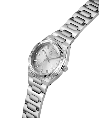 Silver watch with a metal bracelet on a white background lifestyle
