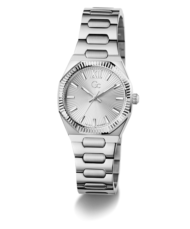 Silver Gc Prodigy Lady Mini Small Size Metal watch with a detailed face on a white background