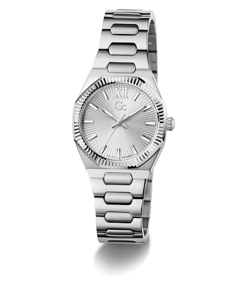 Silver Gc Prodigy Lady Mini Small Size Metal watch with a detailed face on a white background