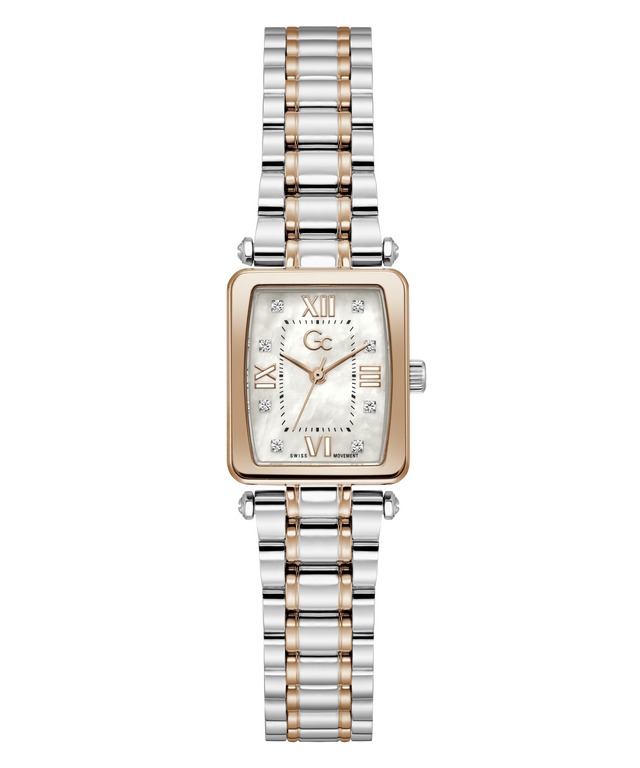 Two-tone Gc Plaza Mini Small Size Metal watch with silver and rose gold band on a white background