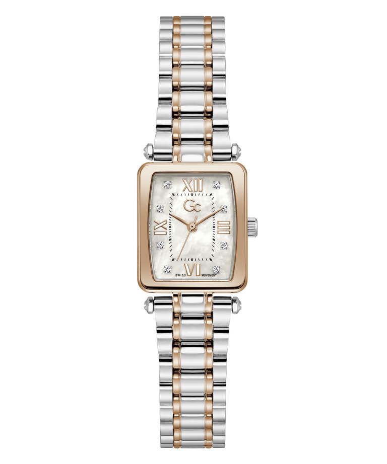 Two-tone Gc Plaza Mini Small Size Metal watch with silver and rose gold band on a white background