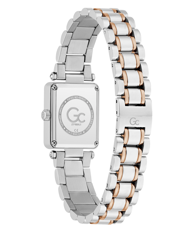 Silver and rose gold Gc Plaza Mini Small Size Metal watch with 'GC' branding on a white background
