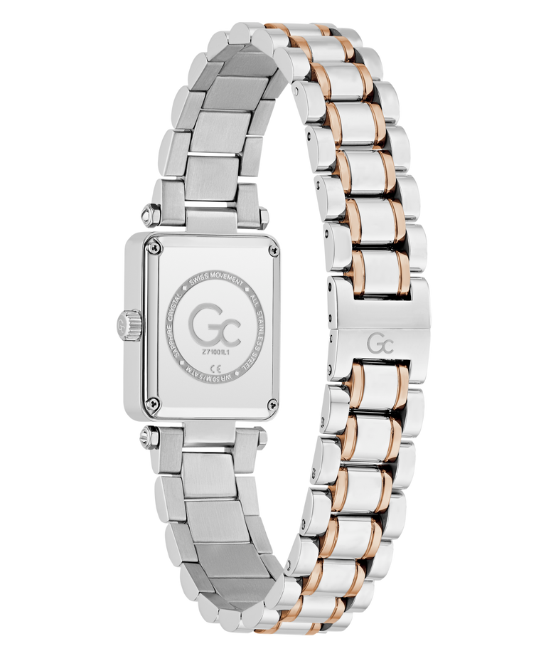 Silver and rose gold Gc Plaza Mini Small Size Metal watch with 'GC' branding on a white background