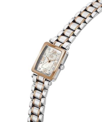 Gc Plaza Mini Small Size Metal Wristwatch with two-tone metal strap on a white background lifestyle