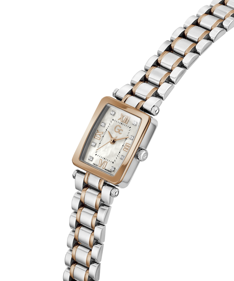 Gc Plaza Mini Small Size Metal Wristwatch with two-tone metal strap on a white background lifestyle