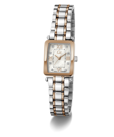 Two-tone Gc Plaza Mini Small Size Metal watch with silver and rose gold band on a white background