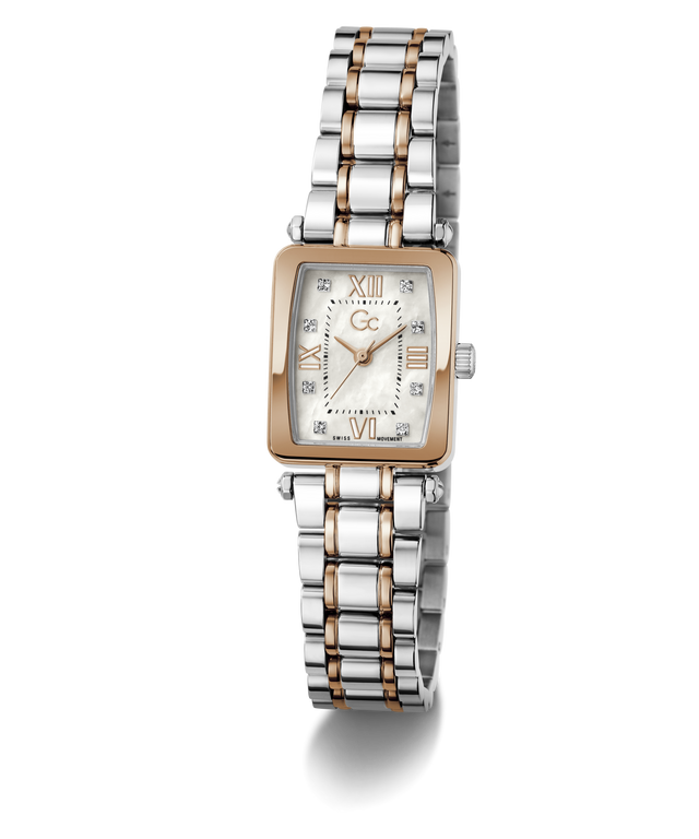 Two-tone Gc Plaza Mini Small Size Metal watch with silver and rose gold band on a white background