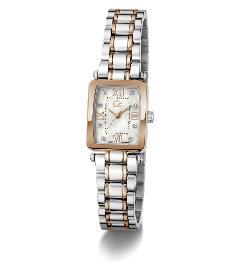 Two-tone Gc Plaza Mini Small Size Metal watch with silver and rose gold band on a white background