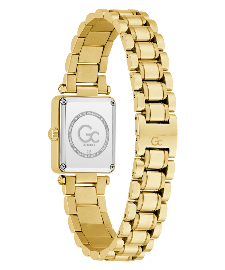 Gold Gc Plaza Mini Small Size Metal watch with a square face and 'GC' logo on a white background
