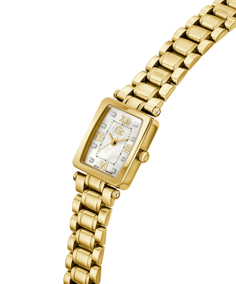 Gold Gc Plaza Mini Small Size Metal wristwatch with a square face on a white background lifestyle