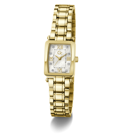Gold Gc Plaza Mini Small Size Metal wristwatch with a white face on a white background