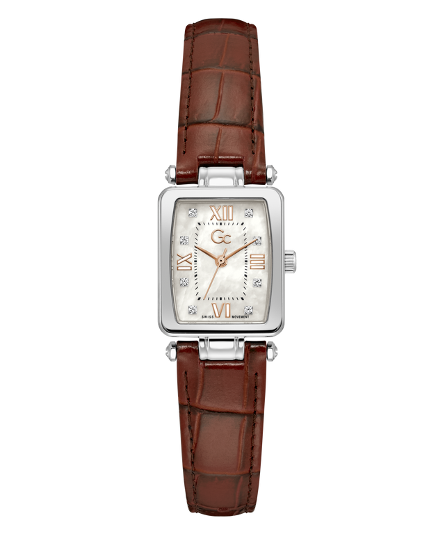 Gc Plaza Mini Small Size Leather Watch with brown leather strap and silver case on white background