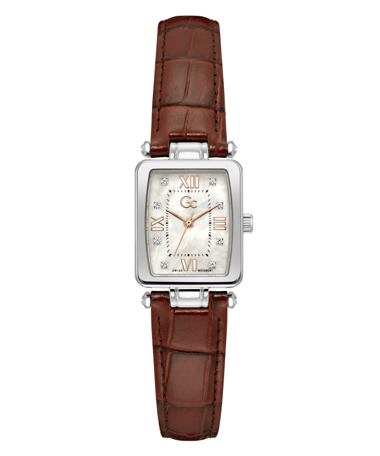Gc Plaza Mini Small Size Leather Watch with brown leather strap and silver case on white background