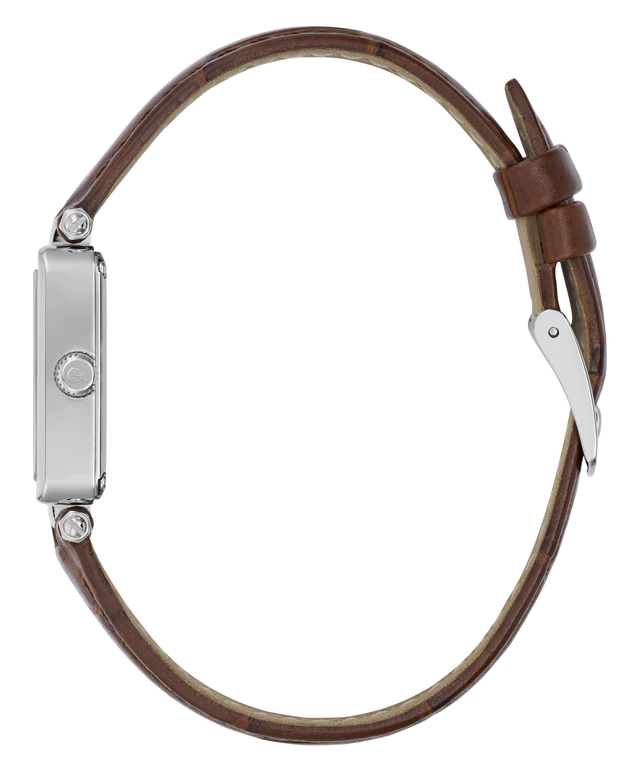 Brown leather Gc Plaza Mini Small Size Leather watch with silver clasp on a white background