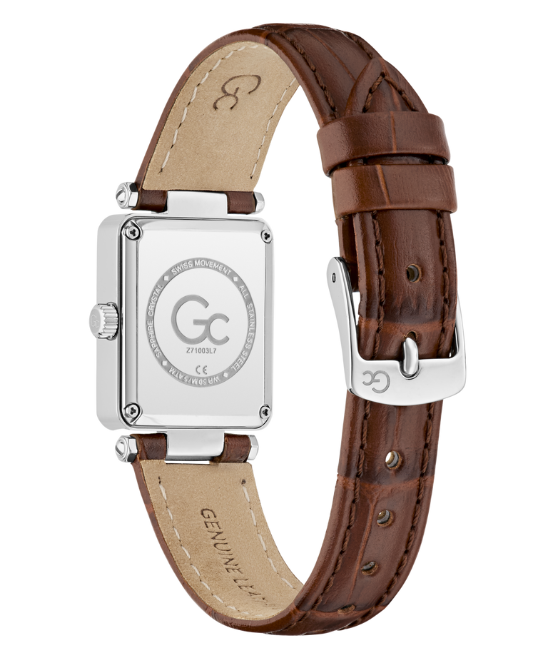 Gc Plaza Mini Small Size Leather Watch with brown leather strap and silver case on a white background