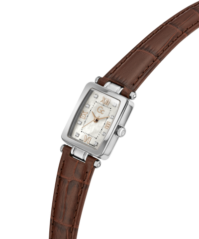 Gc Plaza Mini Small Size Leather Watch with brown leather strap and silver case on a white background lifestyle