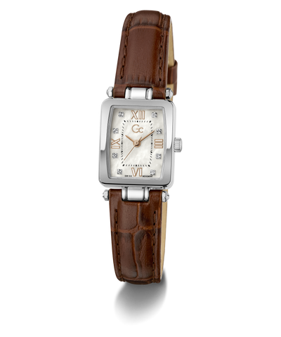 Gc Plaza Mini Small Size Leather Watch with brown leather strap and silver case on white background