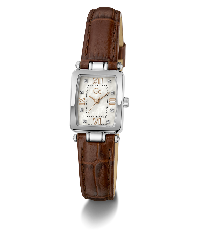 Gc Plaza Mini Small Size Leather Watch with brown leather strap and silver case on white background