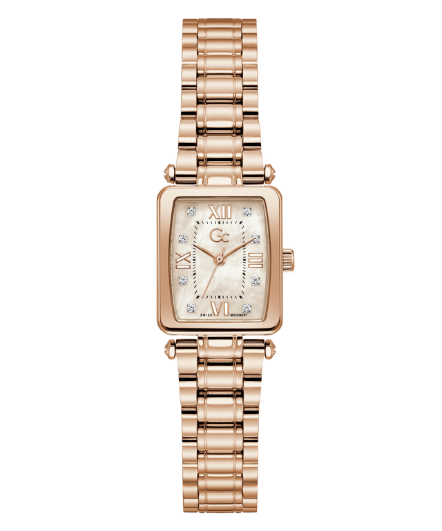 Rose gold Gc Plaza Mini Small Size Metal watch with a white face on a white background