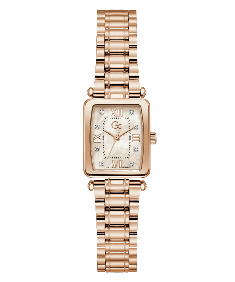 Rose gold Gc Plaza Mini Small Size Metal watch with a white face on a white background