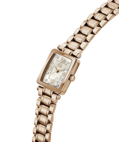 Rose gold Gc Plaza Mini Small Size Metal watch with a white face on a white background lifestyle
