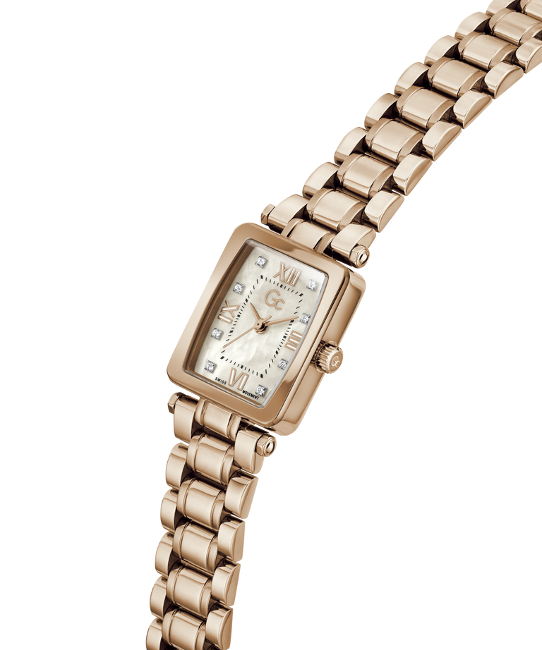 Rose gold Gc Plaza Mini Small Size Metal watch with a white face on a white background lifestyle