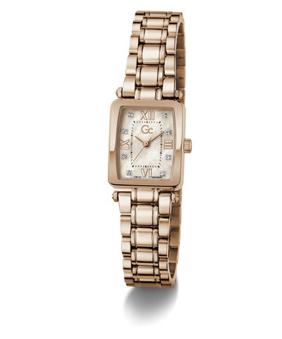 Rose gold Gc Plaza Mini Small Size Metal watch with a white face on a white background