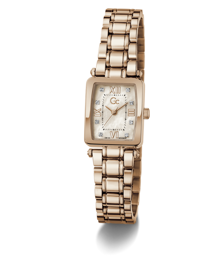 Rose gold Gc Plaza Mini Small Size Metal watch with a white face on a white background