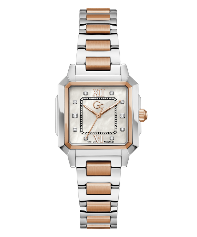 Two-tone Gc SquareCut Lady Mid Size Metal watch with silver and rose gold band on a white background