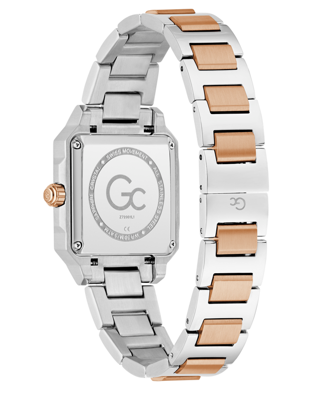 Silver and rose gold Gc SquareCut Lady Mid Size Metal watch with 'GC' brand on a white background