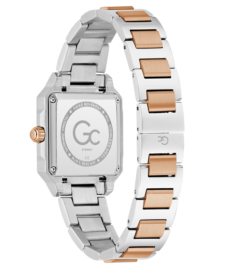 Silver and rose gold Gc SquareCut Lady Mid Size Metal watch with 'GC' brand on a white background