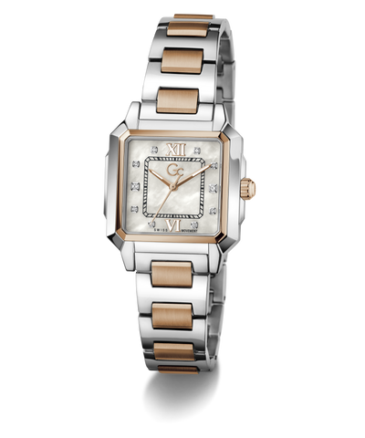 Silver and rose gold Gc SquareCut Lady Mid Size Metal watch on a white background