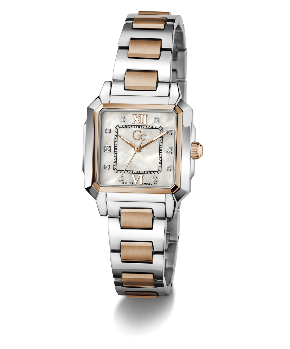 Silver and rose gold Gc SquareCut Lady Mid Size Metal watch on a white background
