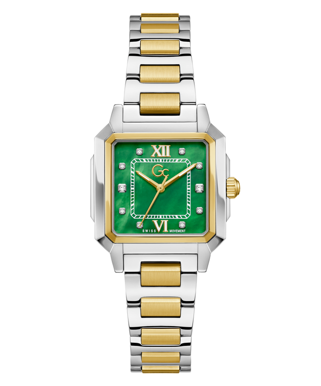 Two-tone Gc SquareCut Lady Mid Size Metal watch with a green face on a white background