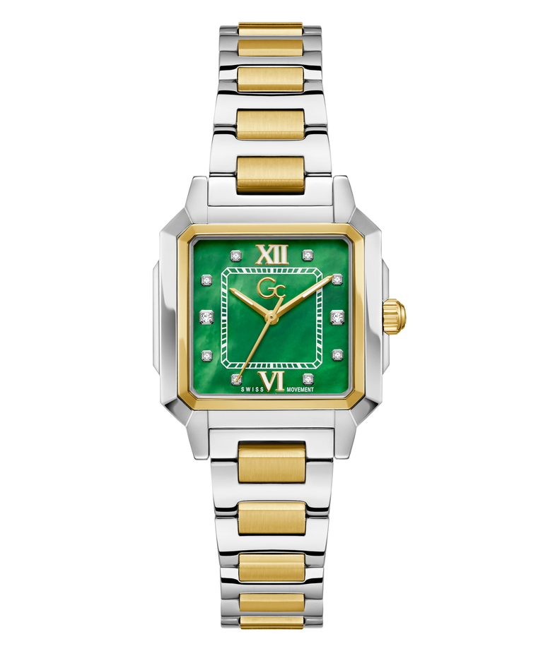 Two-tone Gc SquareCut Lady Mid Size Metal watch with a green face on a white background