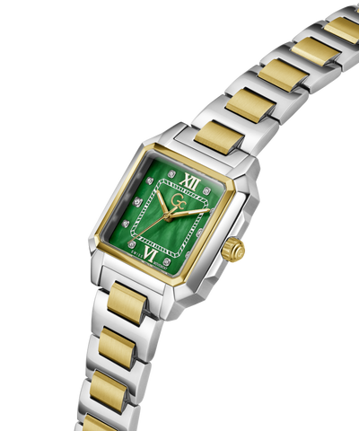 Two-tone Gc SquareCut Lady Mid Size Metal watch with a green face on a white background lifestyle