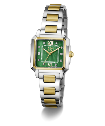 Two-tone Gc SquareCut Lady Mid Size Metal watch with a green face on a white background