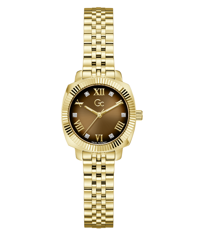 Gc Flair Coussin Mini Small Size Metal with a brown dial on a white background