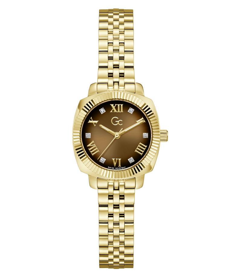 Gc Flair Coussin Mini Small Size Metal with a brown dial on a white background