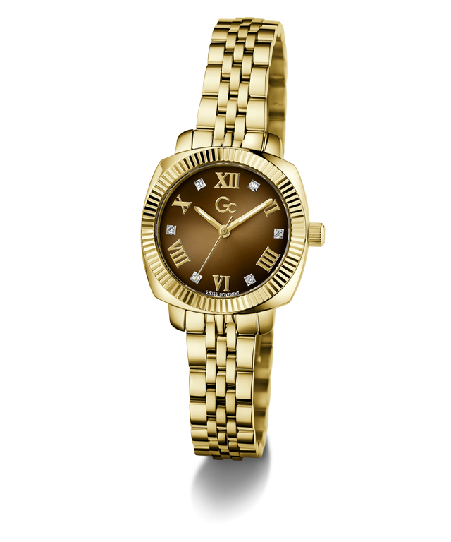 Gc Flair Coussin Mini Small Size Metal with a brown dial on a white background