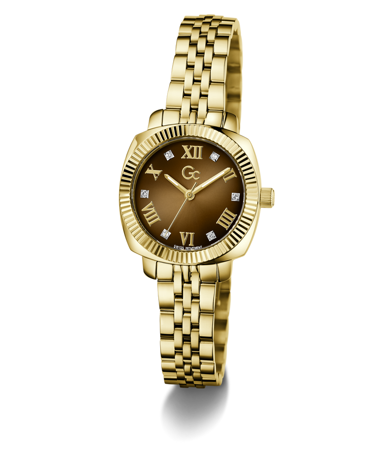 Gc Flair Coussin Mini Small Size Metal with a brown dial on a white background