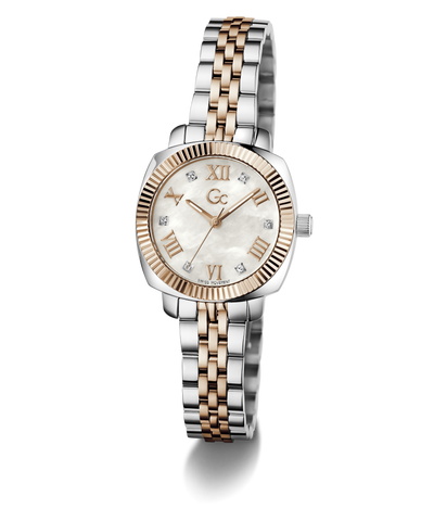 Two-tone Gc Flair Coussin Mini Small Size Metal with silver and rose gold band on a white background