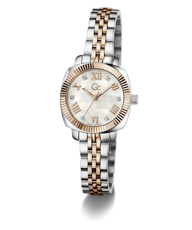 Two-tone Gc Flair Coussin Mini Small Size Metal with silver and rose gold band on a white background