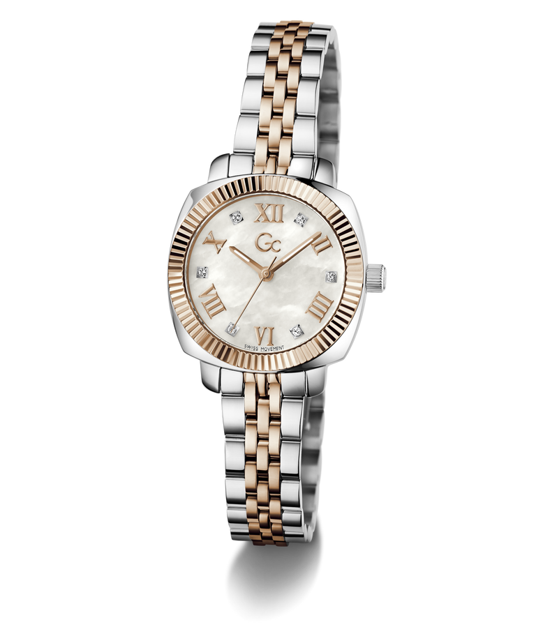 Two-tone Gc Flair Coussin Mini Small Size Metal with silver and rose gold band on a white background