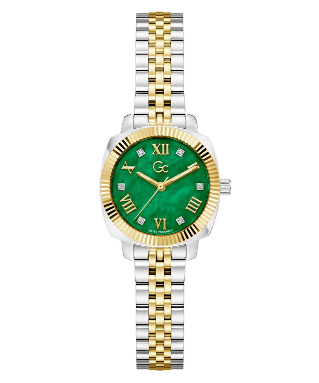 Two-tone Gc Flair Coussin Mini Small Size Metal with green face and gold accents on a white background