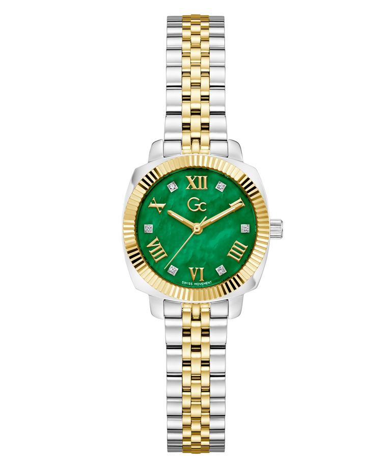 Two-tone Gc Flair Coussin Mini Small Size Metal with green face and gold accents on a white background