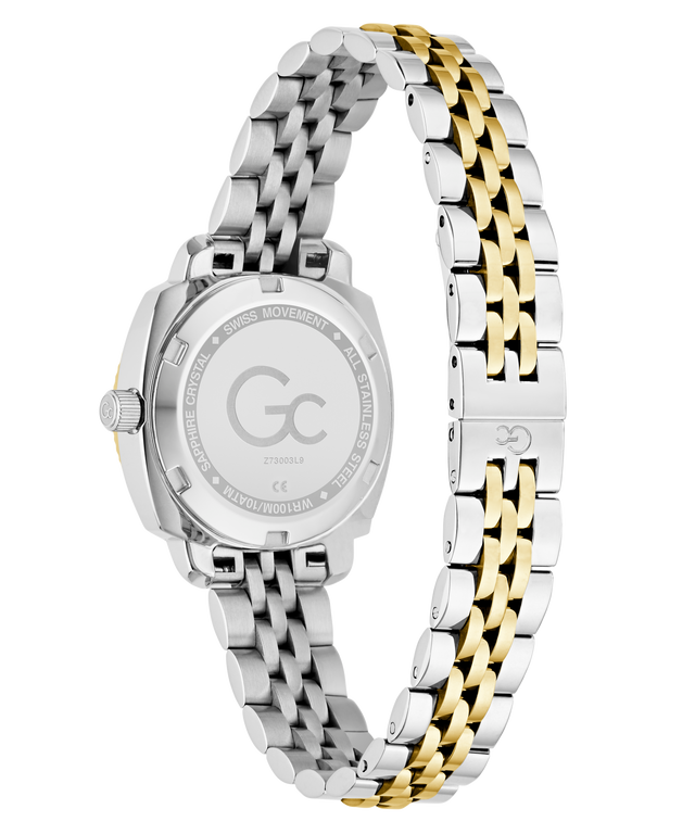 Watch with two-tone silver and gold Gc Flair Coussin Mini Small Size Metal on a white background