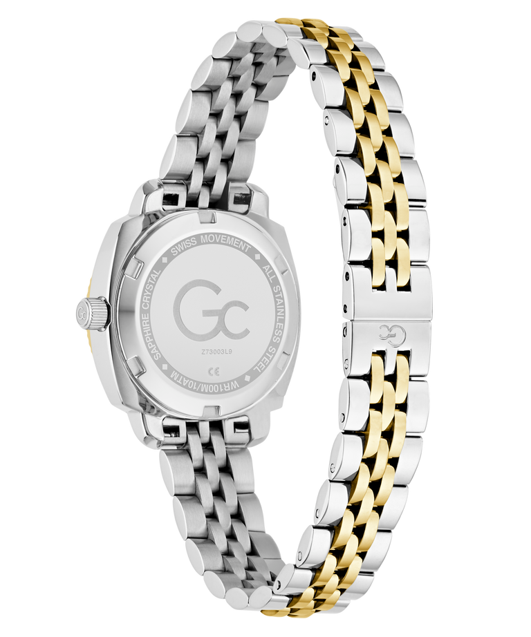Watch with two-tone silver and gold Gc Flair Coussin Mini Small Size Metal on a white background