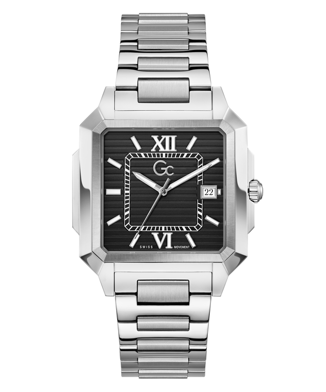 Silver Gc SquareCut Metal watch with black face on a white background