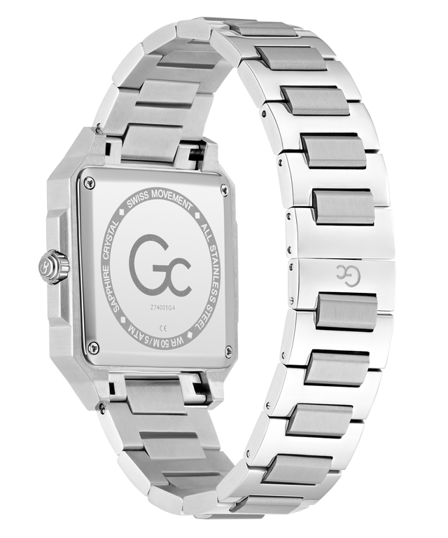 Silver Gc SquareCut Metal watch with a metallic band on a white background